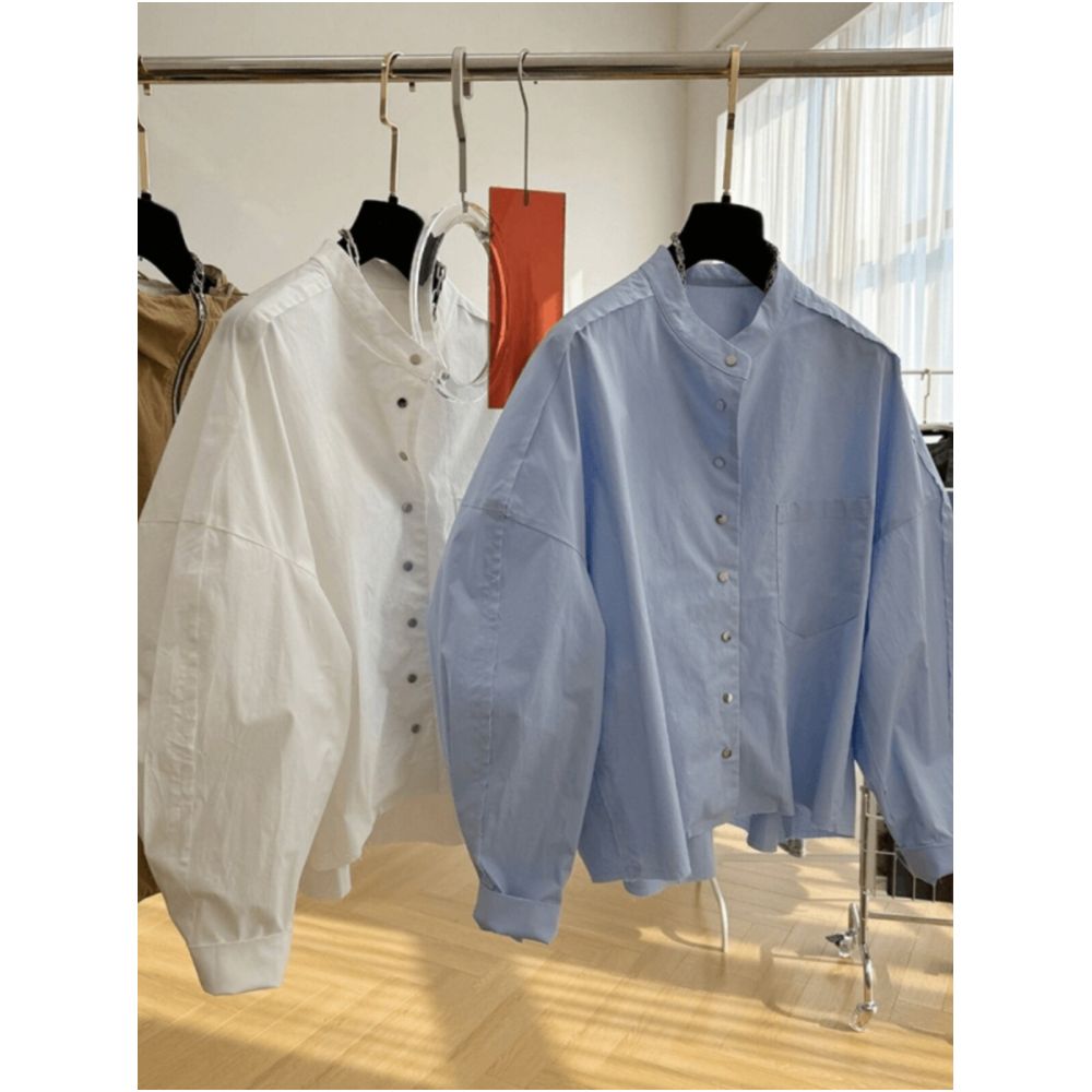 Unique and sophisticated European style long sleeved stand up collar shirt for women perfect for spring Loose fit and stylish design image 4
