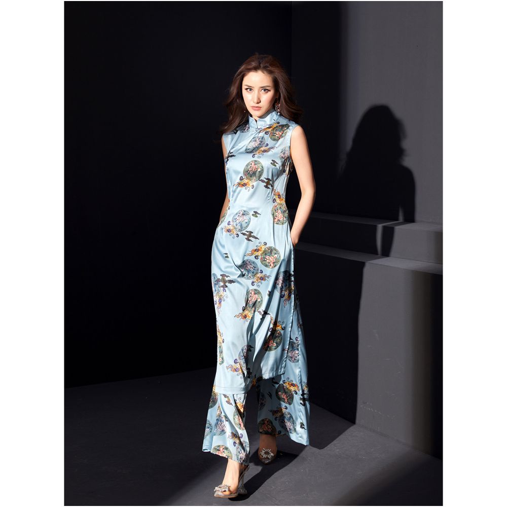 Fulang 2026 Original Design Modified Dai ao Retro Fashion Summer Set Young Style Long Cheongsam Wide Leg Pants Suit image 0
