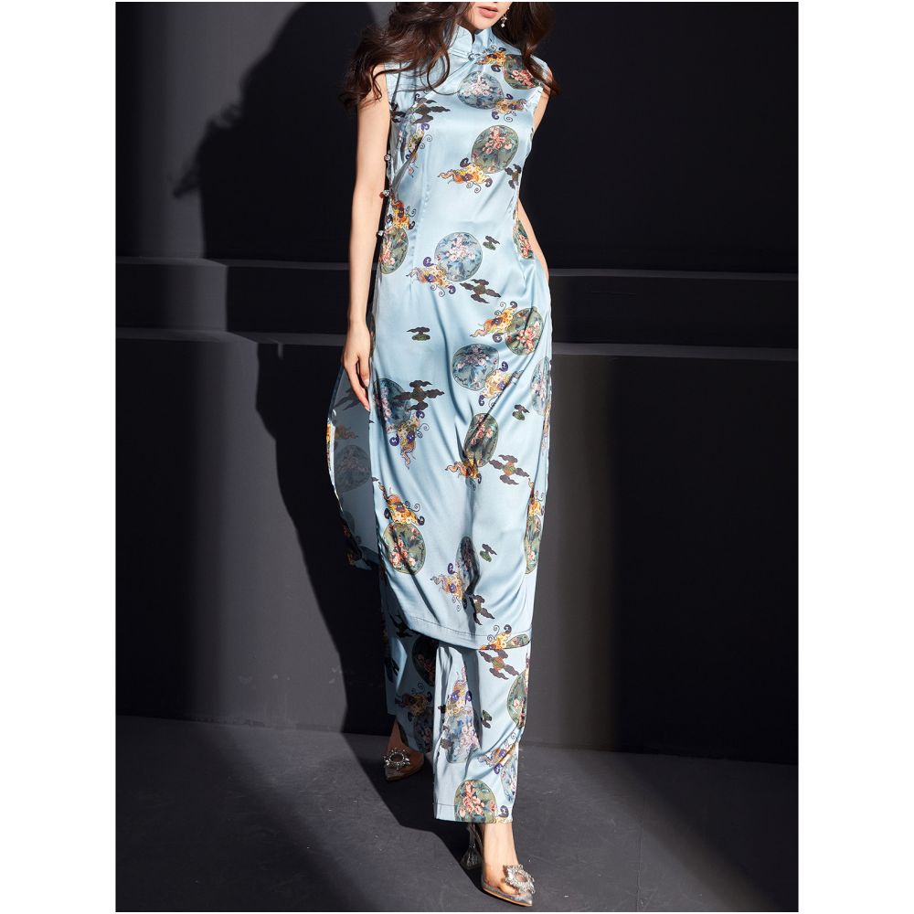 Fulang 2026 Original Design Modified Dai ao Retro Fashion Summer Set Young Style Long Cheongsam Wide Leg Pants Suit image 2