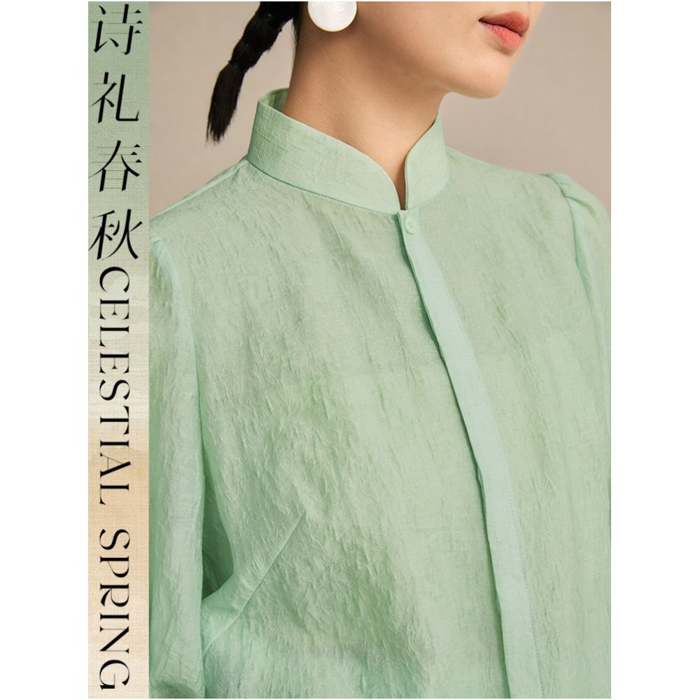 Poetry and Etiquette Spring and Autumn Original Design Improved New Chinese Style Women s Clothing Stand Collar Mint Green Top with Puff Sleeves Chinese Style Shirt image 3