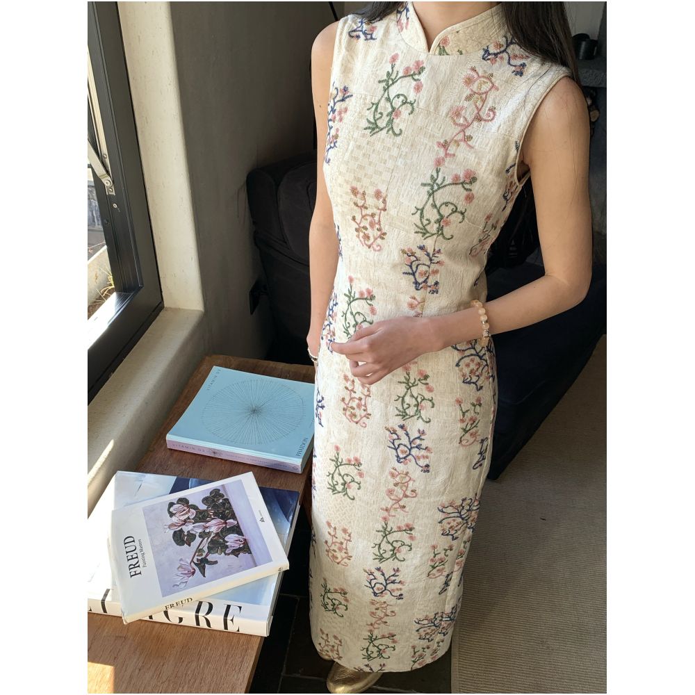 Thecoco Custom Patchwork Embroidered Jacquard Cotton Linen Cheongsam for Women Spring Heavy Duty Slim Fit Elegant Long Dress image 2