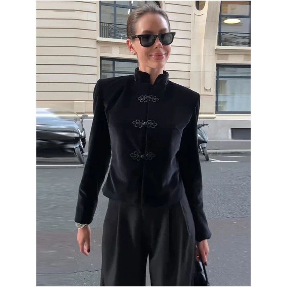 Women Velevt Frog Closure Jacket Stand Collar Single Breaste image 0