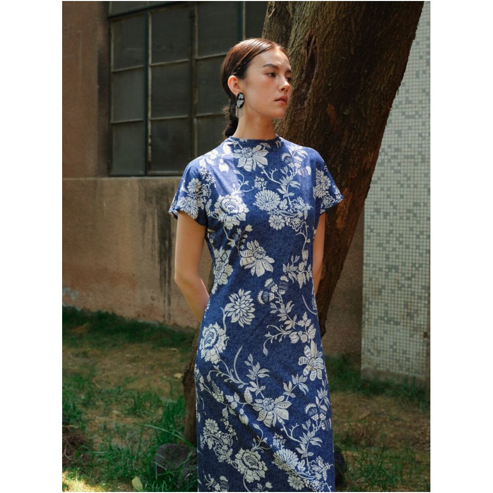 TAORAN Women s Denim Blue Floral Dress New Chinese Style Everyday Modified Cheongsam Dress Young Style image 1
