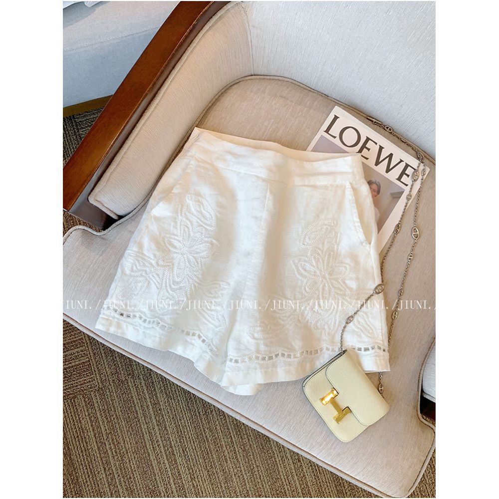 Women s White Heavy Duty Hollow Out Embroidered Linen Shorts 2025 Summer New Style High Waisted Loose Fit Slimming Elegant Versatile Pants image 0