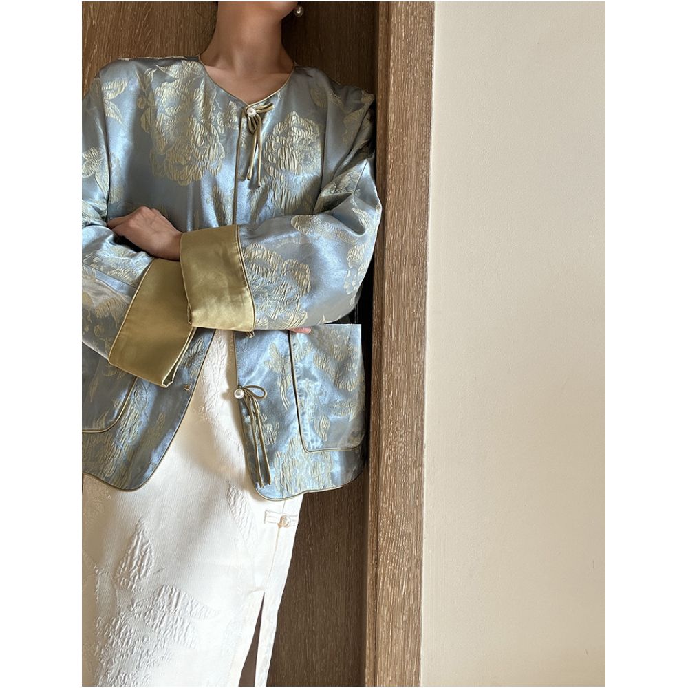 BLUE Y New Chinese Style Silk Jacquard Button Top for Women Spring and Autumn New Arrival High End Round Neck Mid Length image 0