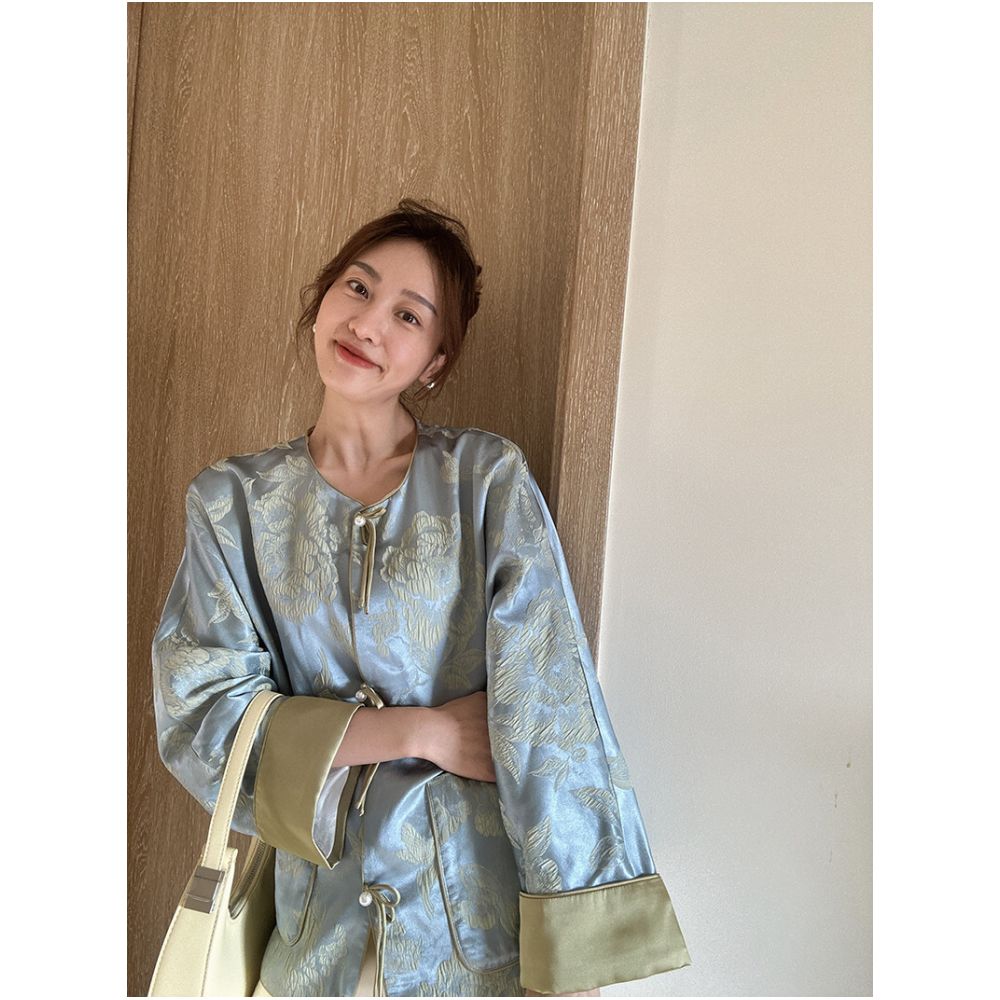 BLUE Y New Chinese Style Silk Jacquard Button Top for Women Spring and Autumn New Arrival High End Round Neck Mid Length image 1