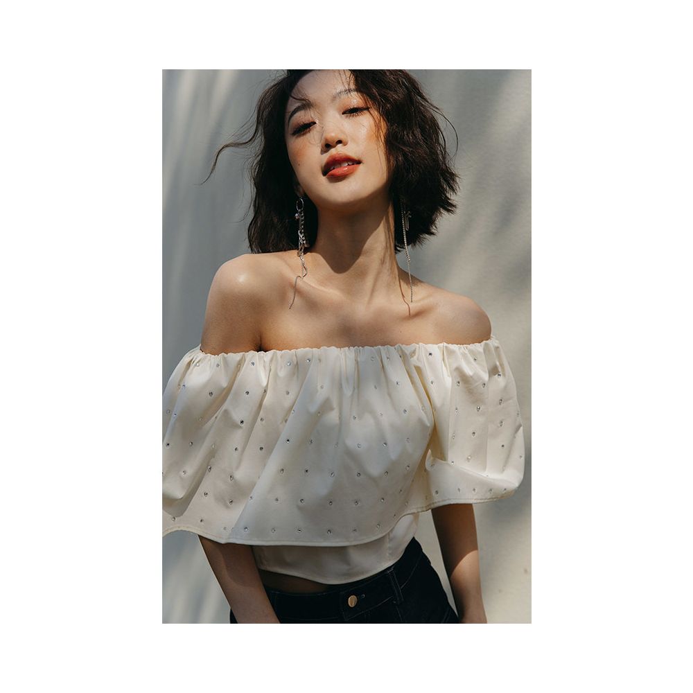 Rosebanks Sparkling Diamond Candy Off Shoulder Ruffled Short High Waisted Shirt with Heavy Rhinestone and Beading image 0