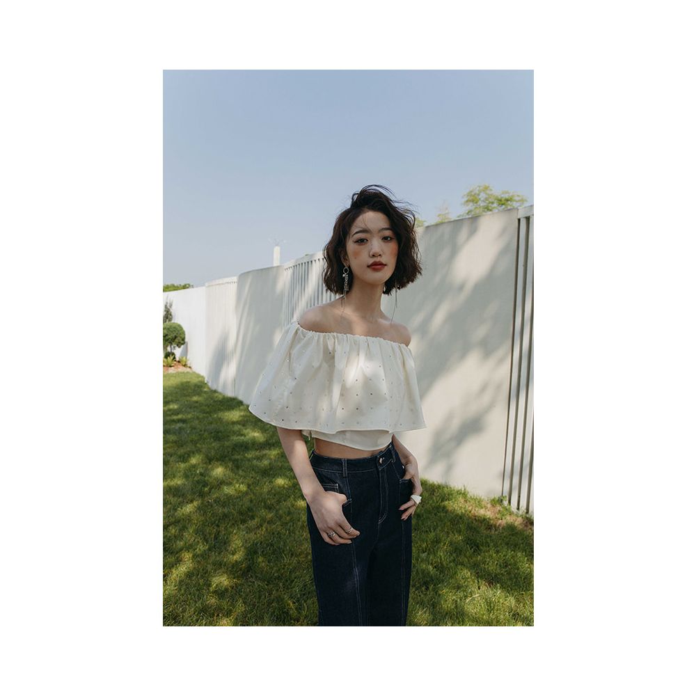 Rosebanks Sparkling Diamond Candy Off Shoulder Ruffled Short High Waisted Shirt with Heavy Rhinestone and Beading image 1