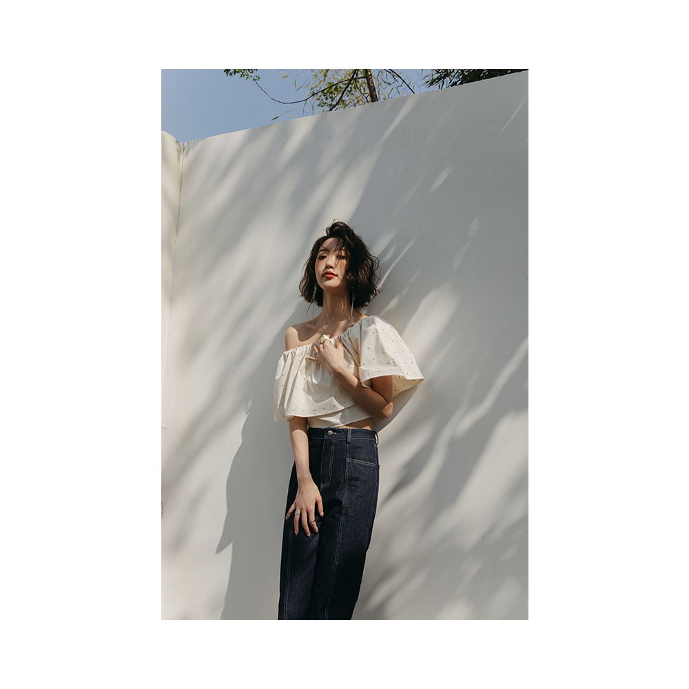 Rosebanks Sparkling Diamond Candy Off Shoulder Ruffled Short High Waisted Shirt with Heavy Rhinestone and Beading image 2