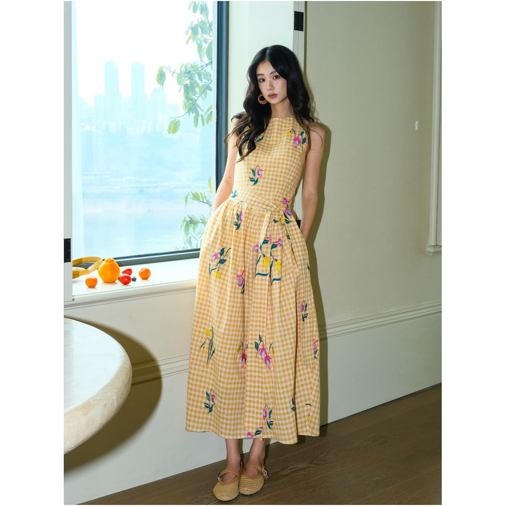 LAZYZ Retro Heavy Embroidery Floral Sleeveless Dress for Women Summer 2026 New Style Tie Waist Fitted Resort Maxi Dress image 0