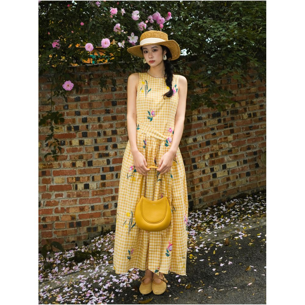 LAZYZ Retro Heavy Embroidery Floral Sleeveless Dress for Women Summer 2026 New Style Tie Waist Fitted Resort Maxi Dress image 1