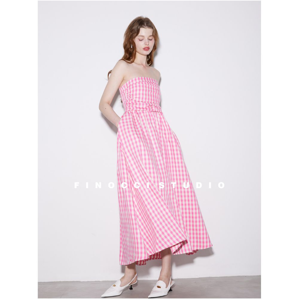 FINOCCI Summer New Women s Peach Pink Cotton High End Design Sleeveless Strapless Maxi Dress image 1