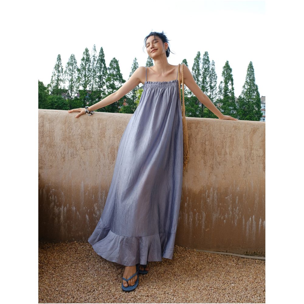 FRESH UP Heavyweight Acetate Silky Flowy Spaghetti Strap Dress for Women Super Fairy like Slimming Pleated Long A line Skirt image 1
