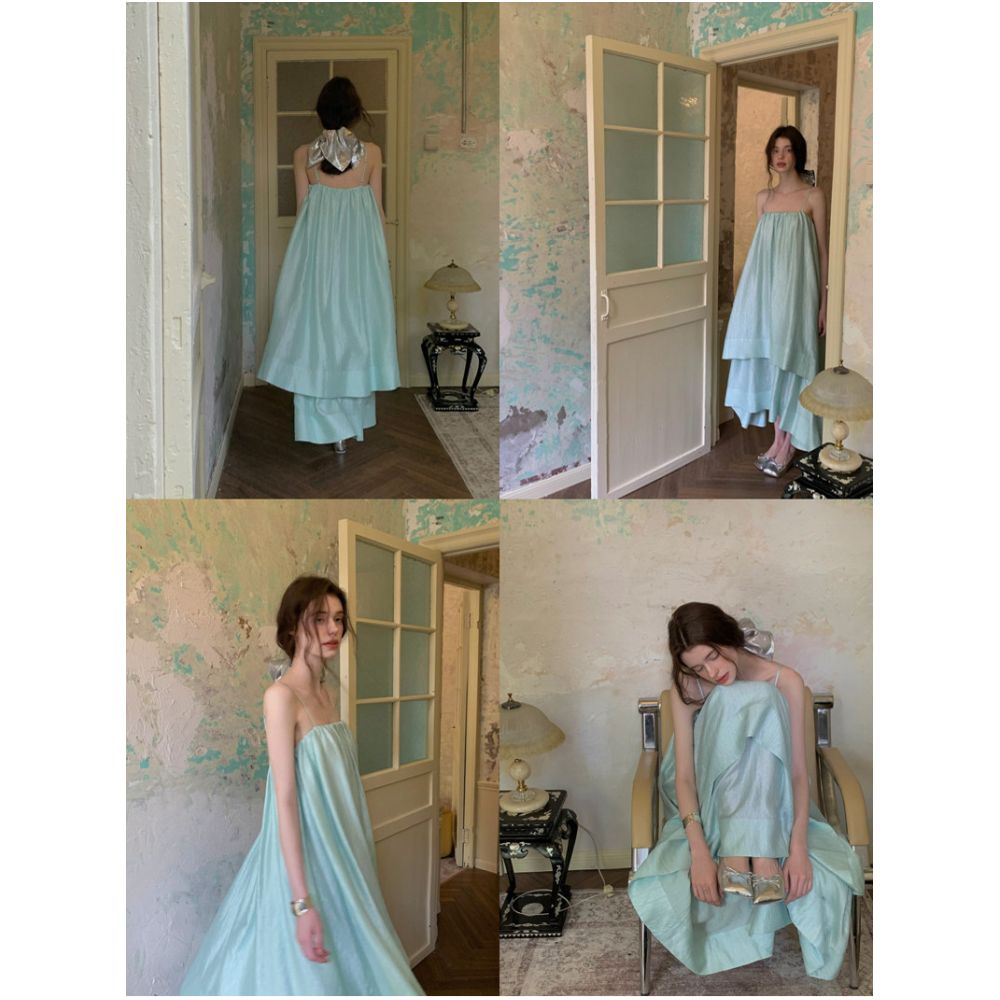 CARIEDO 2026 Summer New Arrival Radiant Tencel Embroidered Mint Mambo Double Layer Full Sleeve Slip Dress image 1