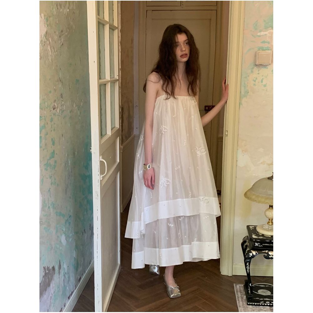 CARIEDO 2026 Summer New Arrival Radiant Tencel Embroidered Mint Mambo Double Layer Full Sleeve Slip Dress image 2