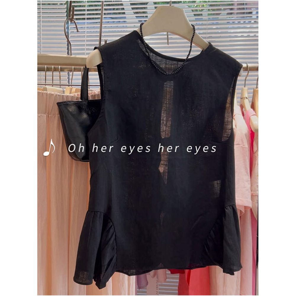 French retro black linen sleeveless shirt vest for women summer style bow tie hollowed out backless top image 1