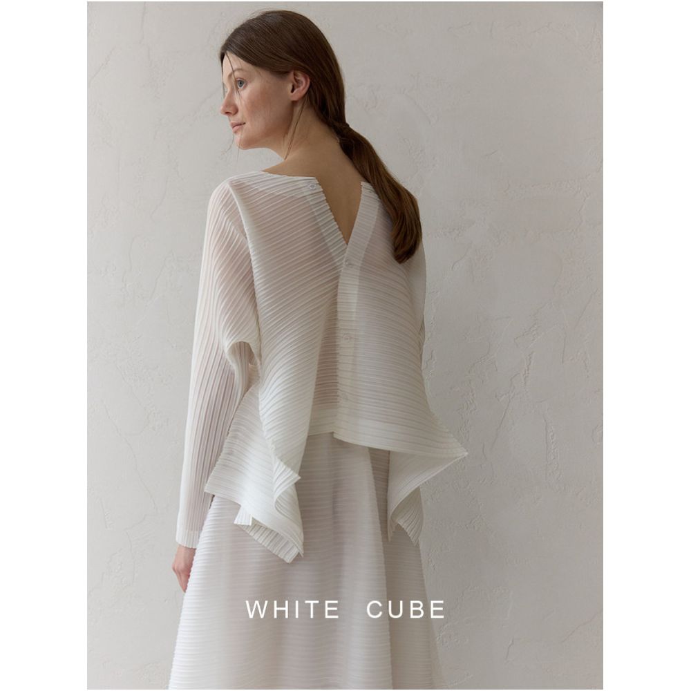 Whitecube a women s shirt T shirt cardigan with a pleated round neck and button back design featuring a Miyake inspired style image 0