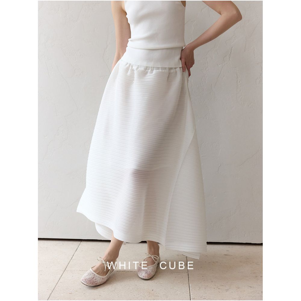 Whitecube Miyake inspired flowing pleated irregular side slit elastic waist white midi skirt for women summer style image 0