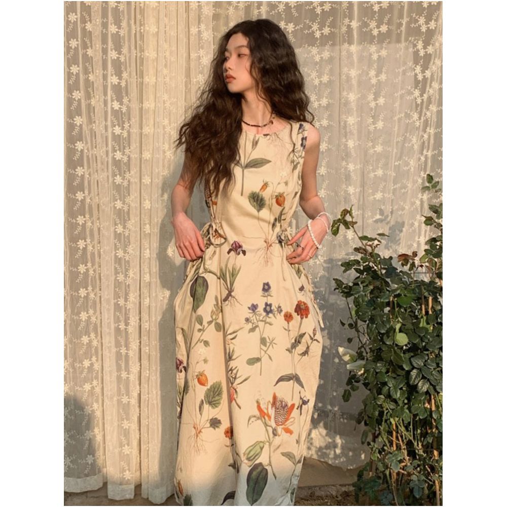 Gardenia French Romantic Floral Print Sleeveless Vest Dress for Women Niche Retro Drawstring Waist cinching Suspender Dress image 0