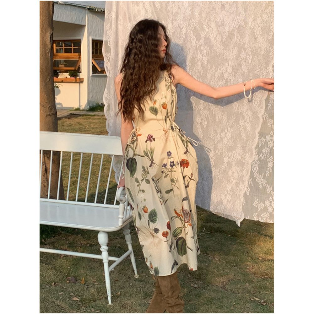 Gardenia French Romantic Floral Print Sleeveless Vest Dress for Women Niche Retro Drawstring Waist cinching Suspender Dress image 1