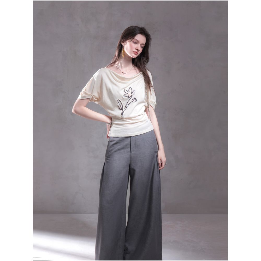 XINXINYUE Handmade Art Floral Shadow Rice Apricot Lyocell Hemp 3D Floral Slim Fit Ruffle Neck T Shirt image 1