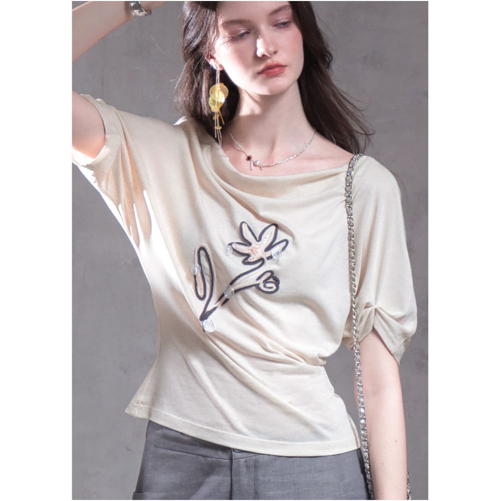 XINXINYUE Handmade Art Floral Shadow Rice Apricot Lyocell Hemp 3D Floral Slim Fit Ruffle Neck T Shirt image 2