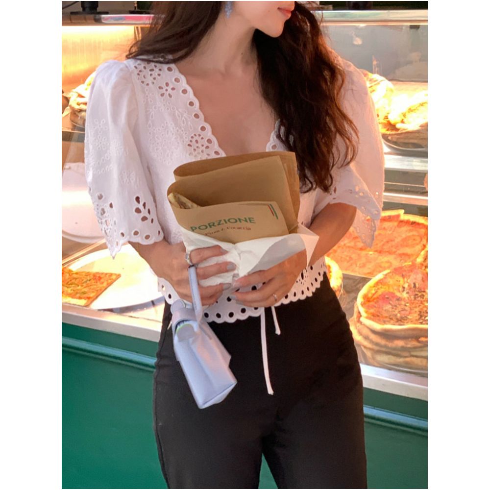 BERUN French style hollowed out white lace collar blouse for women a chic short sleeved top with a tie detail perfect for summer image 2