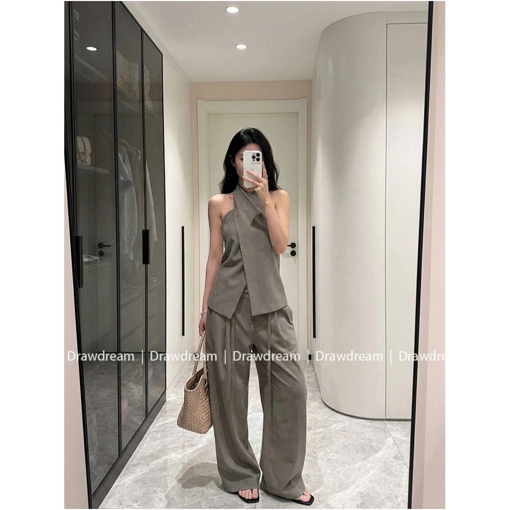 Drawdream Minimalist High End Halter Neck Irregular Vest for Women Loose Drawstring Wide Leg Pants Two Piece Set image 0