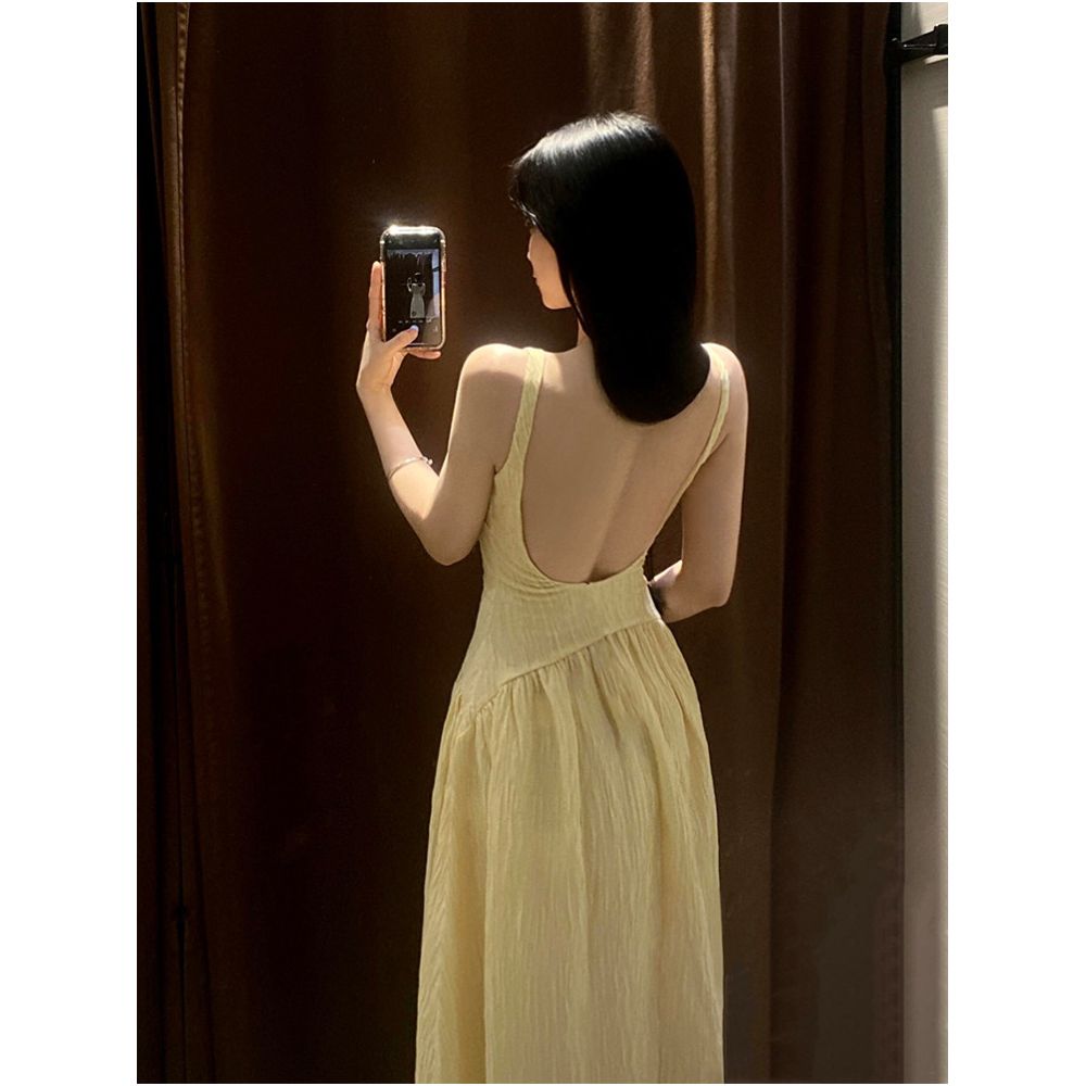 Drawdream French style yellow square neck slip dress sexy summer backless fitted waist long dress image 0