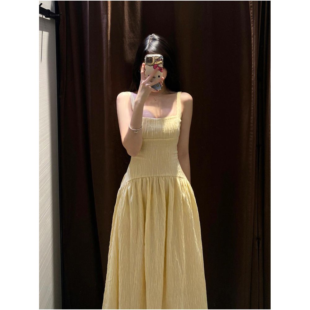 Drawdream French style yellow square neck slip dress sexy summer backless fitted waist long dress image 1