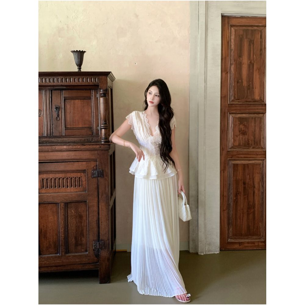 Jiexiang Luxi White French Embroidery V neck Top for Women Summer 2026 Casual Slim Fit Tencel Short Style image 1