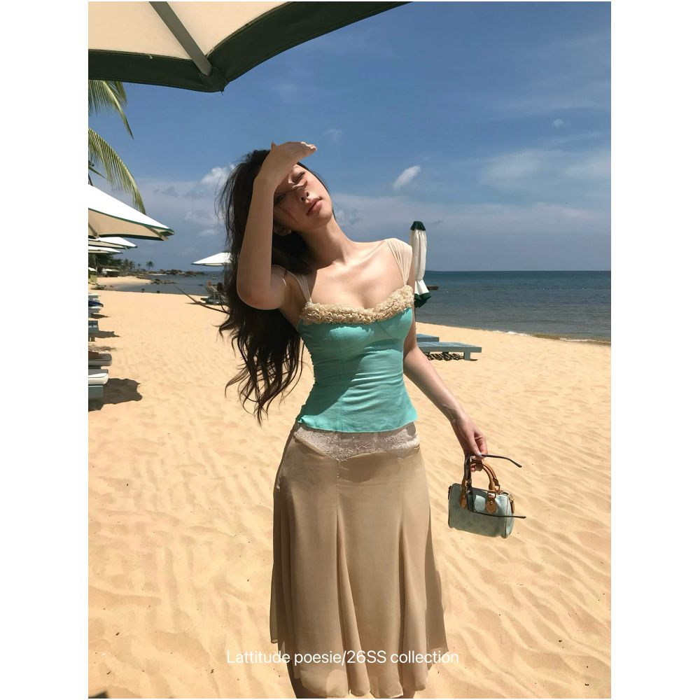 Lattitude Yang Xiaolu Mint Blue High Thread Linen Vest Summer Pure and Alluring Color Blocked Lace Camisole Top for Women image 2
