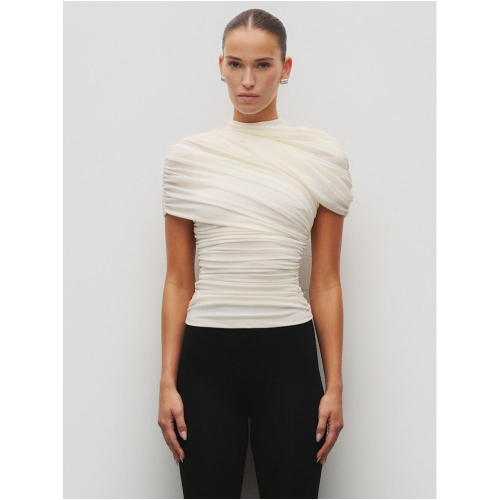 paola min s sophisticated and minimalist white pleated turtleneck short sleeved T shirt for women featuring an asymmetrical design image 0