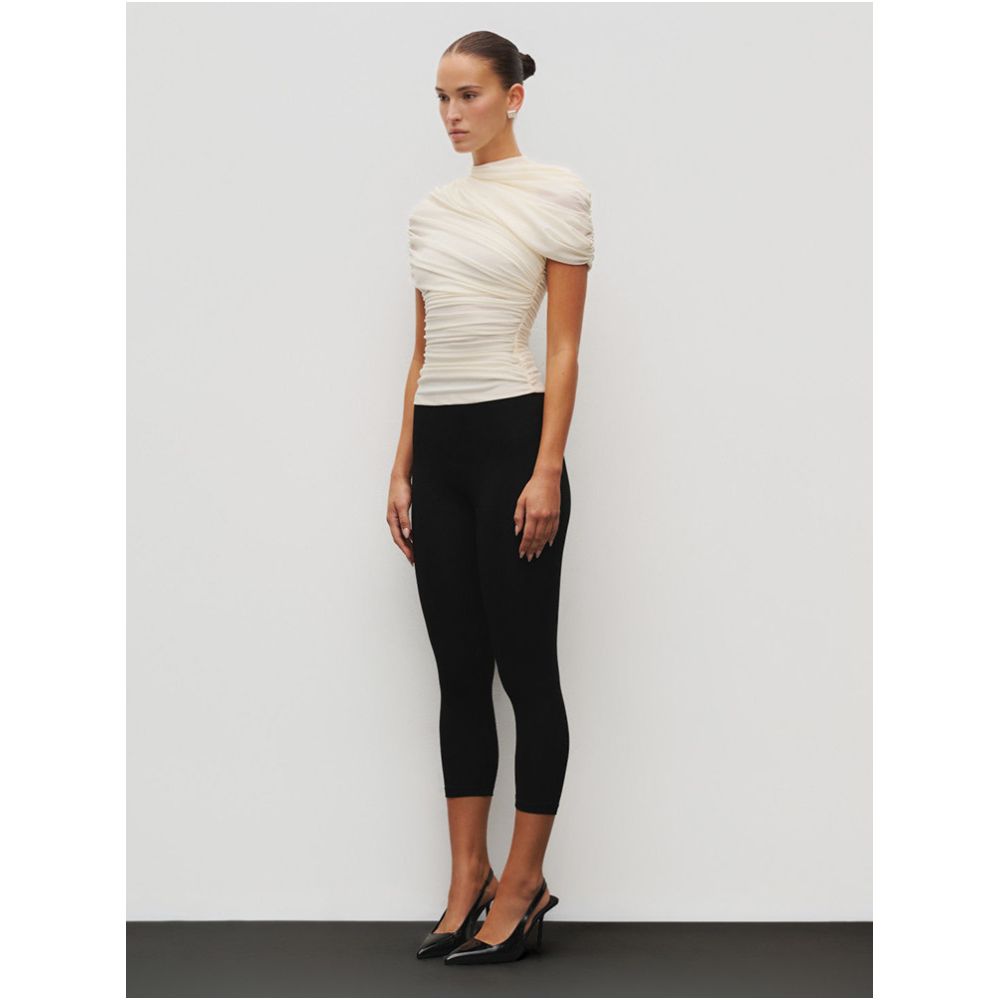 paola min s sophisticated and minimalist white pleated turtleneck short sleeved T shirt for women featuring an asymmetrical design image 1