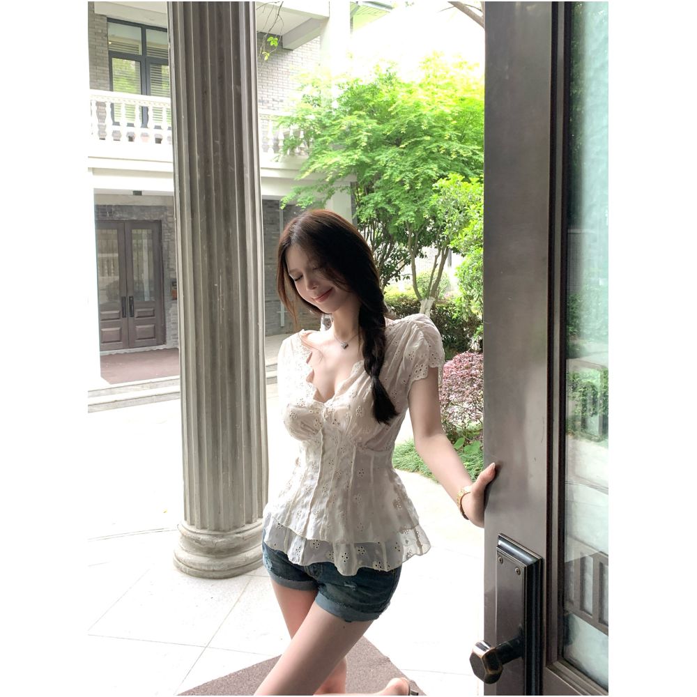 Miss Titi s Pure White Jasmine Short Sleeve Shirt for Women Summer Apricot Slimming V Neck Tencel Embroidered Top image 2
