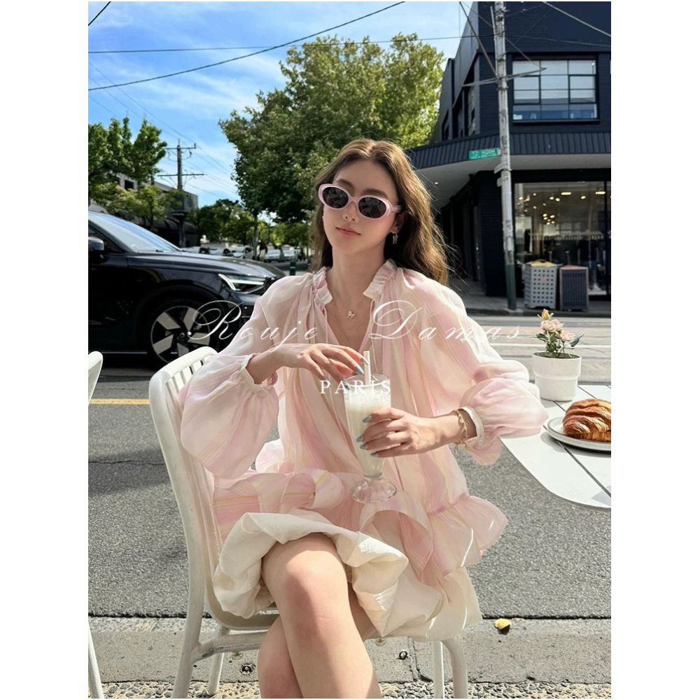 French style Rouje Damas soft gradient pink floral long sleeved shirt vacation style V neck loose and thin top image 0
