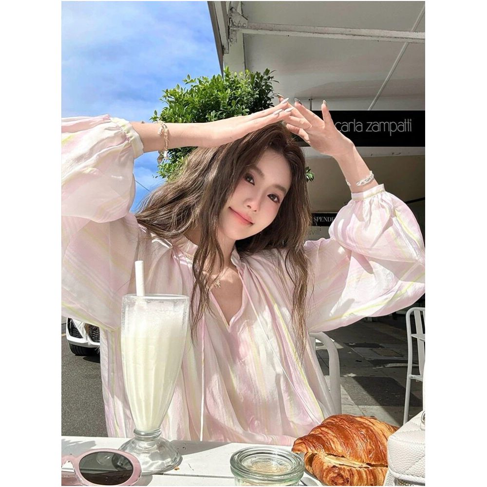 French style Rouje Damas soft gradient pink floral long sleeved shirt vacation style V neck loose and thin top image 1