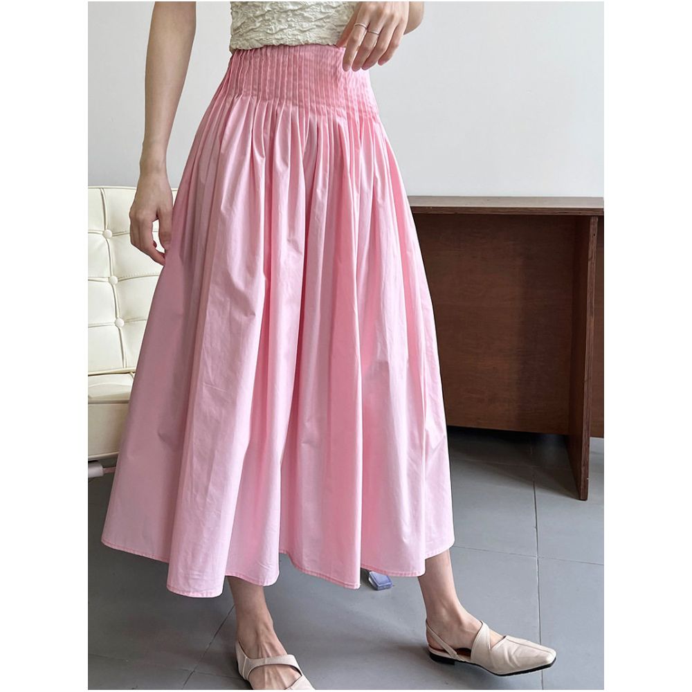 Pink A line midi skirt for women new summer style casual design high waisted hip covering slimming mid length pleated skirt image 0