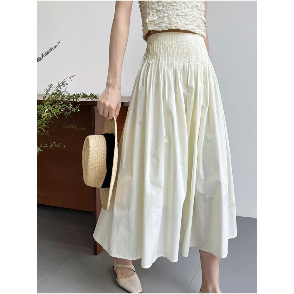 Pink A line midi skirt for women new summer style casual design high waisted hip covering slimming mid length pleated skirt image 1
