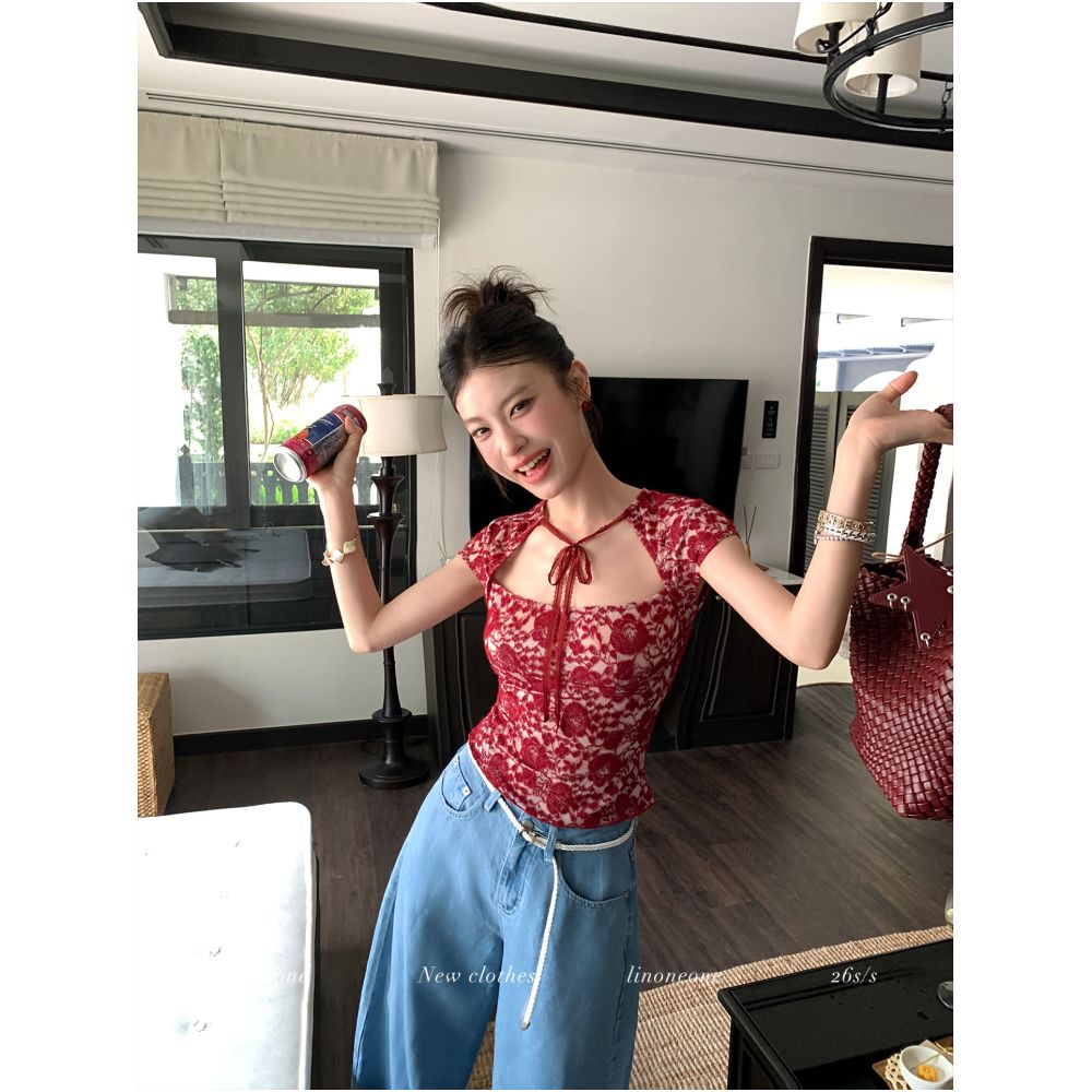 LINONEONE Free and Bright French Style Square Neck Three Dimensional Lace Floral Mesh Slim Fit Elastic Tie Waist T Shirt image 2