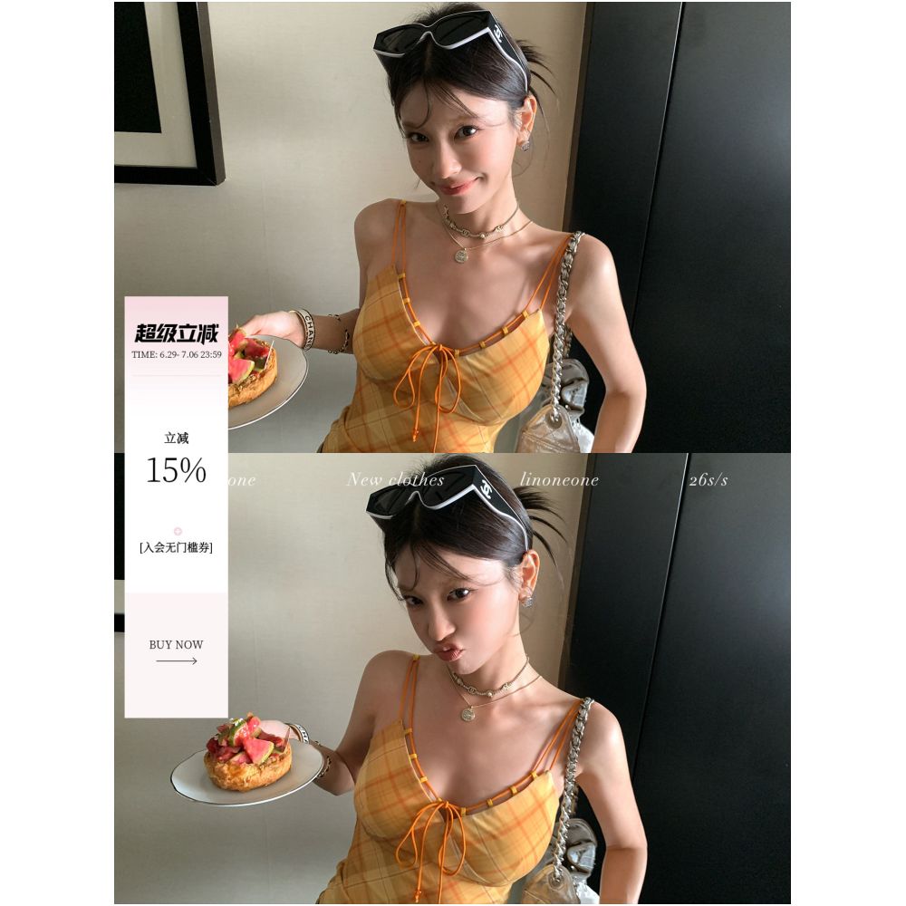 LINONEONE Hot Girl Party American Retro Orange Plaid V neck Elastic Adjustable Strap Tank Top image 0