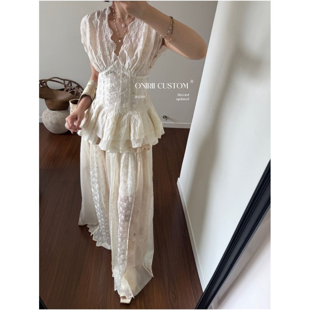 6 10 20 00 Correct Version Romantic Court Style Floral Dyed Petal Collar Crepe Dress with Hollowed Out Embroidery Top Skirt image 1