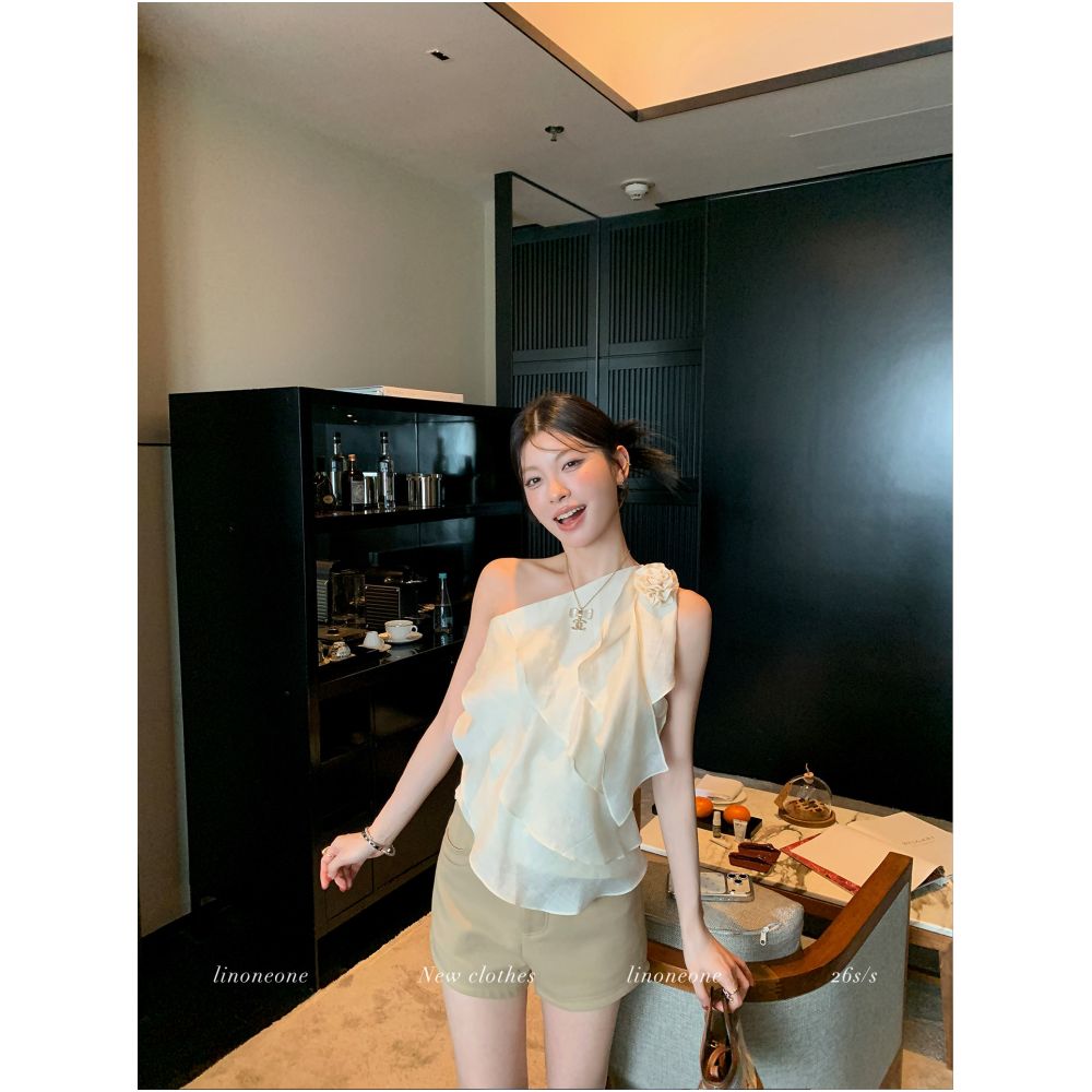 LINONEONESoft Soft Glow Tencel Acetate Linen Multi Layer Ruffled One Shoulder Floral Top image 1