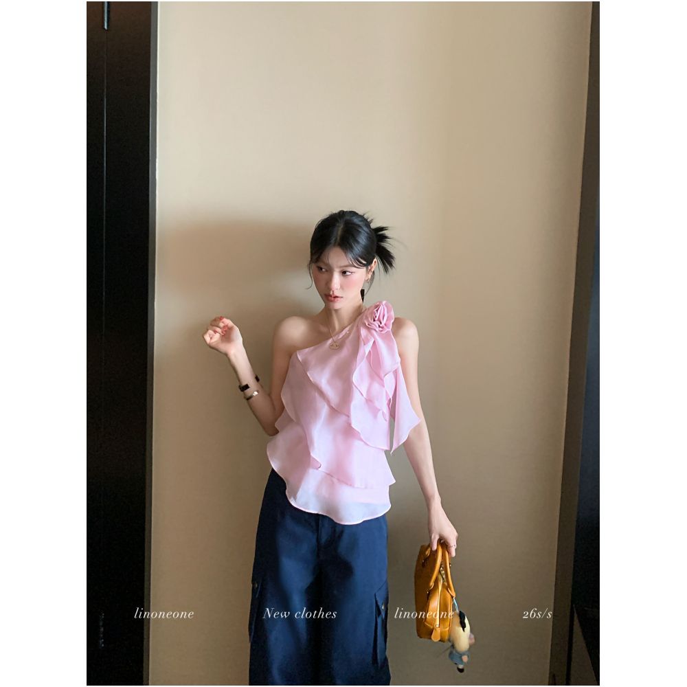 LINONEONESoft Soft Glow Tencel Acetate Linen Multi Layer Ruffled One Shoulder Floral Top image 2