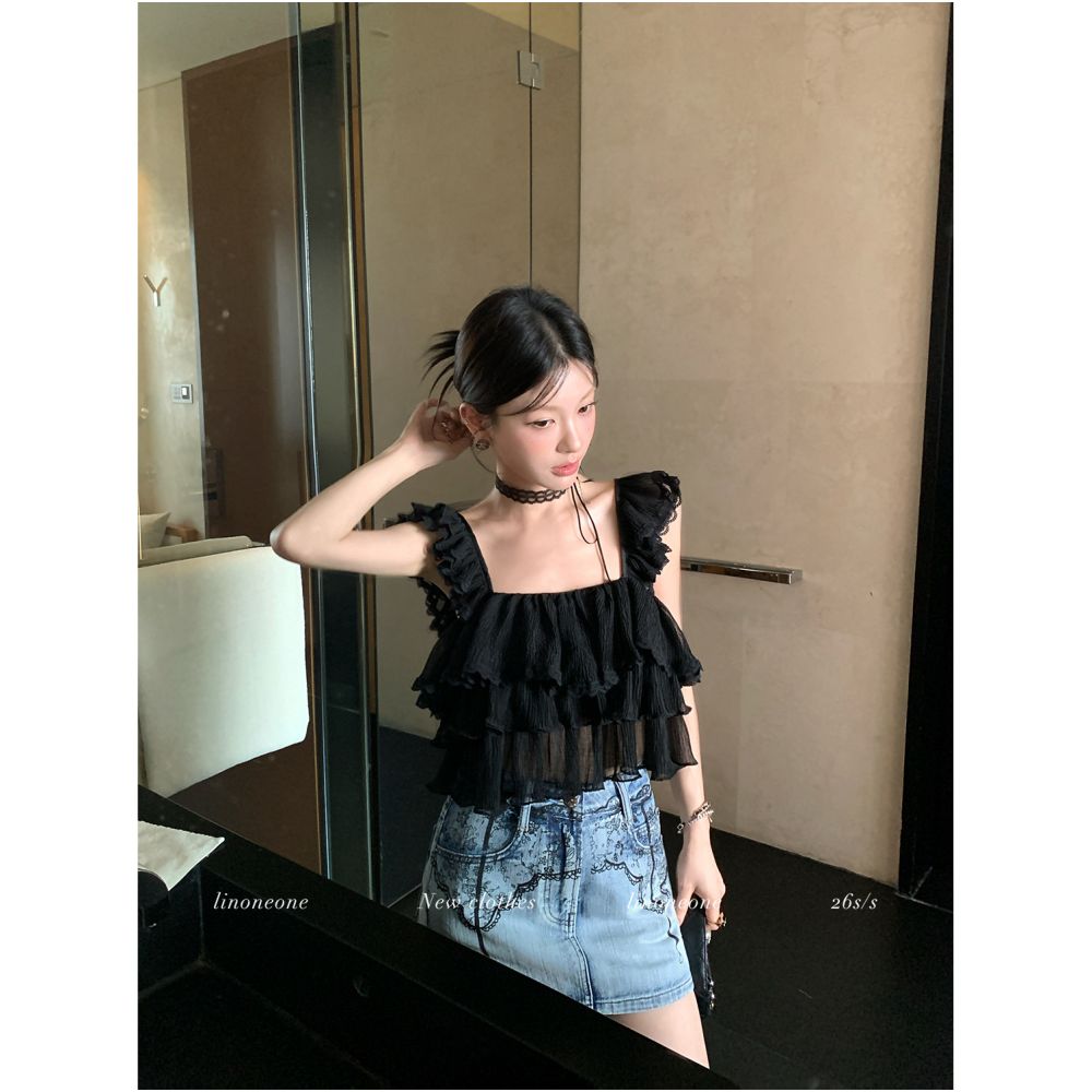 ASAYA7066 – Midnight Ruffle Layer Top 🖤✨