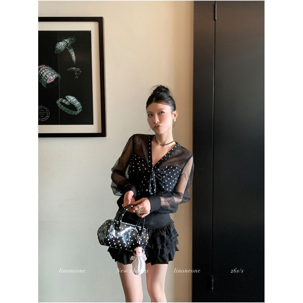 LINONEONE Roman Holiday Charming Retro Lace Blouse with Tie Mesh and Satin Polka Dot Waist cinching Shirt image 1