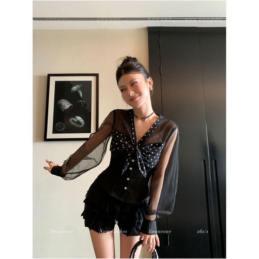 LINONEONE Roman Holiday Charming Retro Lace Blouse with Tie Mesh and Satin Polka Dot Waist cinching Shirt image 2