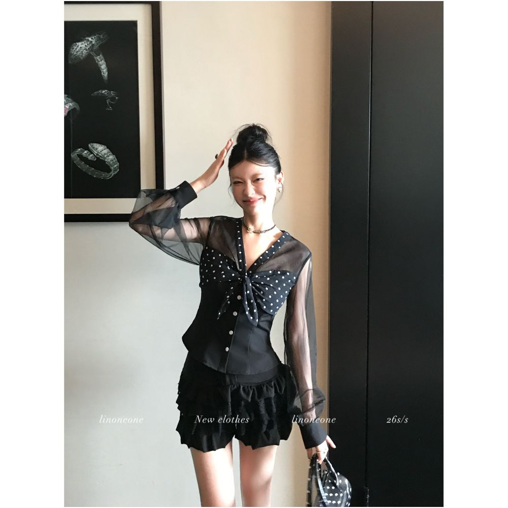 ASAYA7067 – Noir Polka Ribbon Blouse 🖤⚪