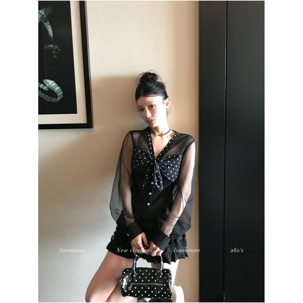 ASAYA7067 – Noir Polka Ribbon Blouse 🖤⚪