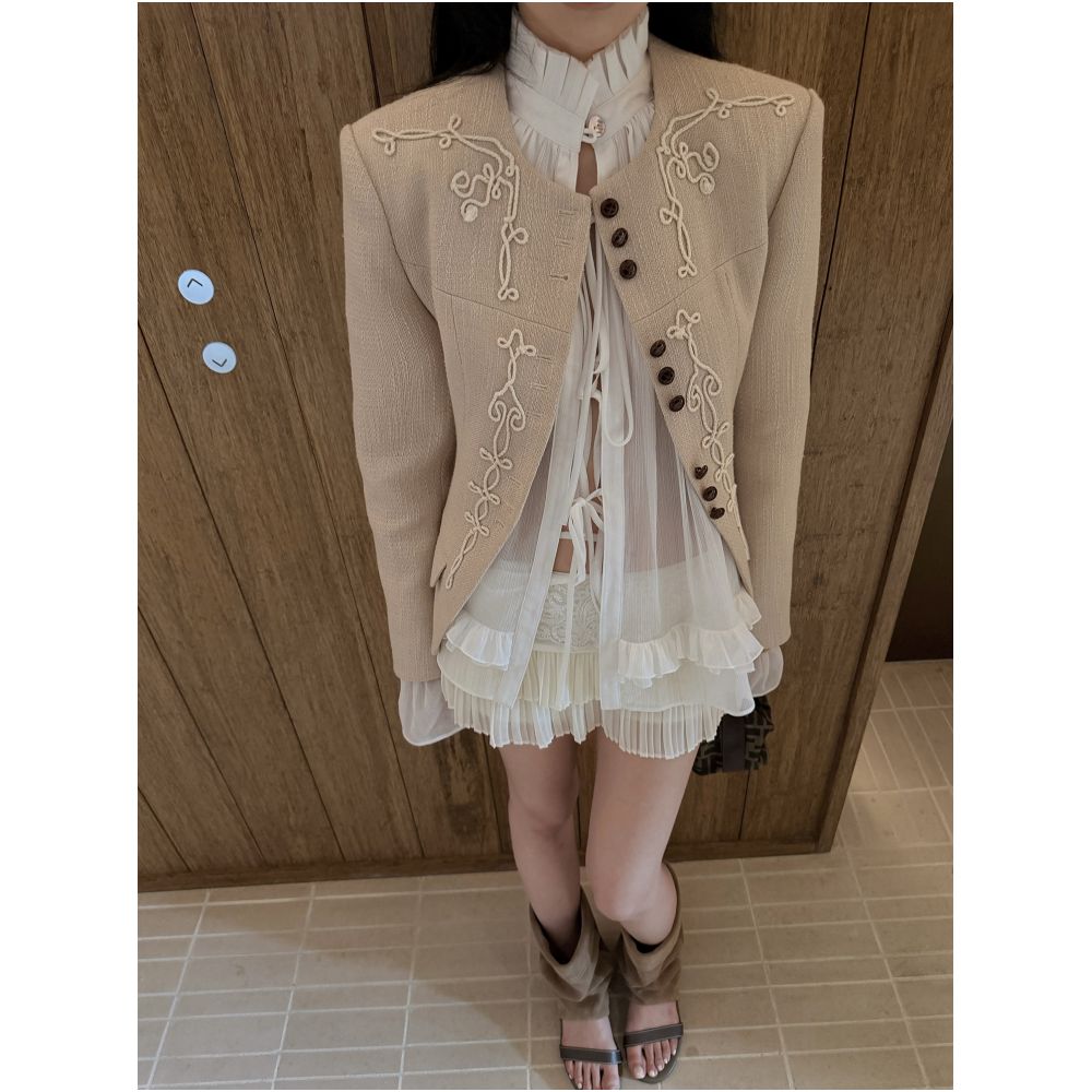 Hydrae Xi1Ying Apricot New Chinese Style Embroidered Suit Jacket for Women Retro Textured Short Round Neck image 1
